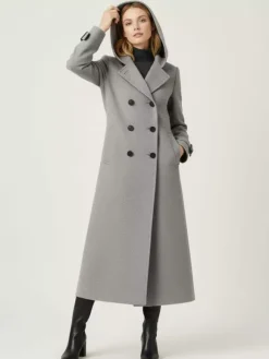 Manteau long en laine à capuche et double boutonnage avec pattes de serrage aux poignets pour femme 2026
