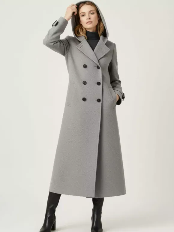 Manteau long en laine à capuche et double boutonnage avec pattes de serrage aux poignets pour femme 2026