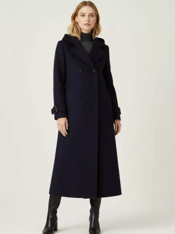 Manteau long en laine à capuche et double boutonnage avec pattes de serrage aux poignets pour femme 2026