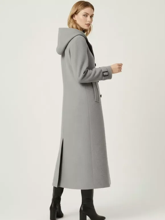 Manteau long en laine à capuche et double boutonnage avec pattes de serrage aux poignets pour femme 2026