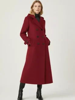 Manteau long en laine à capuche et double boutonnage avec pattes de serrage aux poignets pour femme 2026