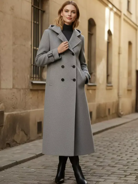 Manteau long en laine à capuche et double boutonnage avec pattes de serrage aux poignets pour femme 2026