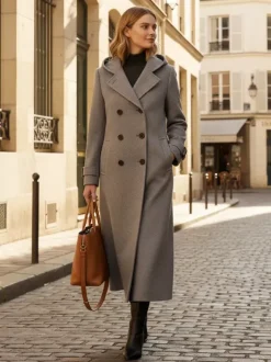 Manteau long en laine à capuche et double boutonnage avec pattes de serrage aux poignets pour femme 2026