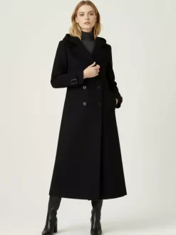 Manteau long en laine à capuche et double boutonnage avec pattes de serrage aux poignets pour femme 2026