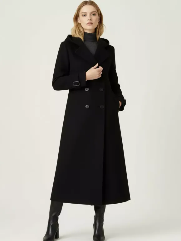 Manteau long en laine à capuche et double boutonnage avec pattes de serrage aux poignets pour femme 2026