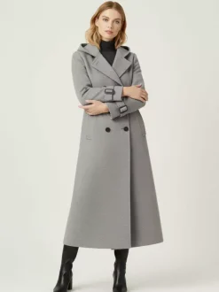 Manteau long en laine à capuche et double boutonnage avec pattes de serrage aux poignets pour femme 2026