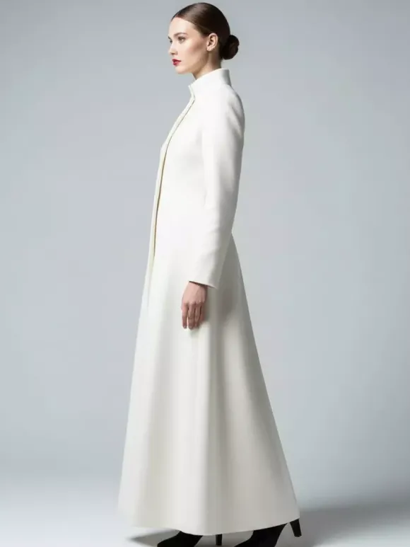 Manteau long en laine blanche à col montant et coupe trapèze pour femme 2026