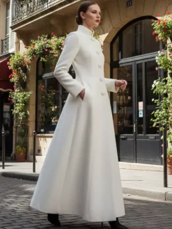 Manteau long en laine blanche à col montant et coupe trapèze pour femme 2026