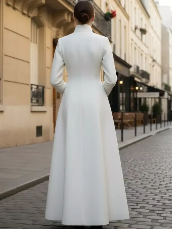 Manteau long en laine blanche à col montant et coupe trapèze pour femme 2026