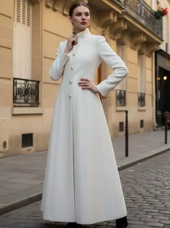 Manteau long en laine blanche à col montant et coupe trapèze pour femme 2026