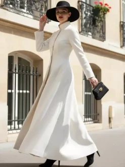 Manteau long en laine blanche à col montant et coupe trapèze pour femme 2026