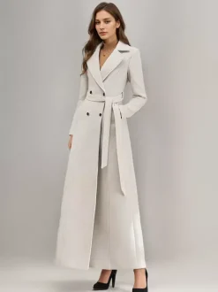 Manteau long en laine blanc à revers crantés croisé ceinturé vêtements d'extérieur d'hiver pleine longueur pour femmes 2026