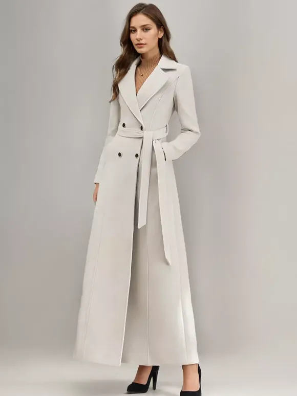 Manteau long en laine blanc à revers crantés croisé ceinturé vêtements d'extérieur d'hiver pleine longueur pour femmes 2026