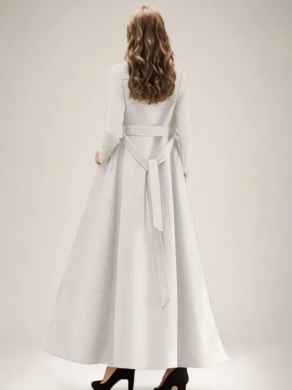 Manteau long en laine blanc à revers crantés croisé ceinturé vêtements d'extérieur d'hiver pleine longueur pour femmes 2026