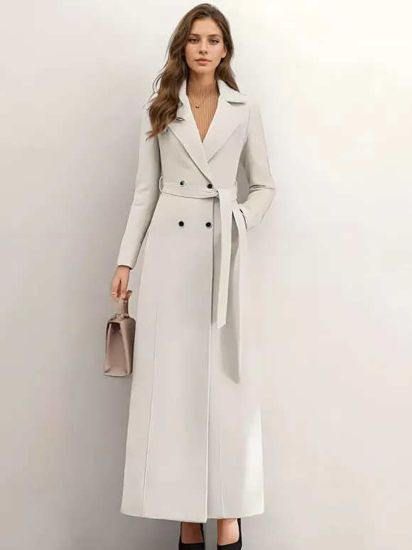 Manteau long en laine blanc à revers crantés croisé ceinturé vêtements d'extérieur d'hiver pleine longueur pour femmes 2026