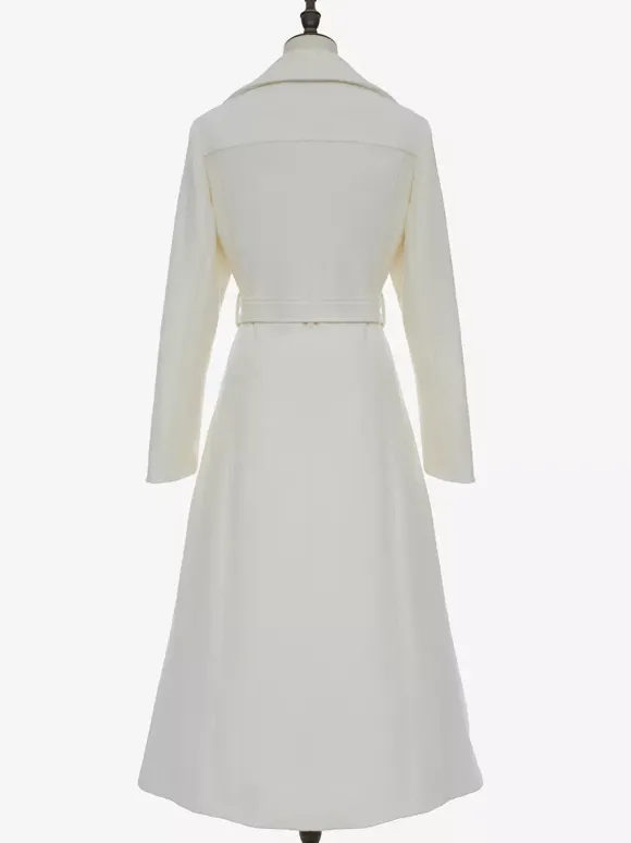 Manteau long en laine blanc à revers crantés croisé ceinturé vêtements d'extérieur d'hiver pleine longueur pour femmes 2026