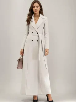 Manteau long en laine blanc à revers crantés croisé ceinturé vêtements d'extérieur d'hiver pleine longueur pour femmes 2026