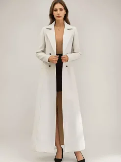 Manteau long en laine blanc à revers crantés croisé ceinturé vêtements d'extérieur d'hiver pleine longueur pour femmes 2026