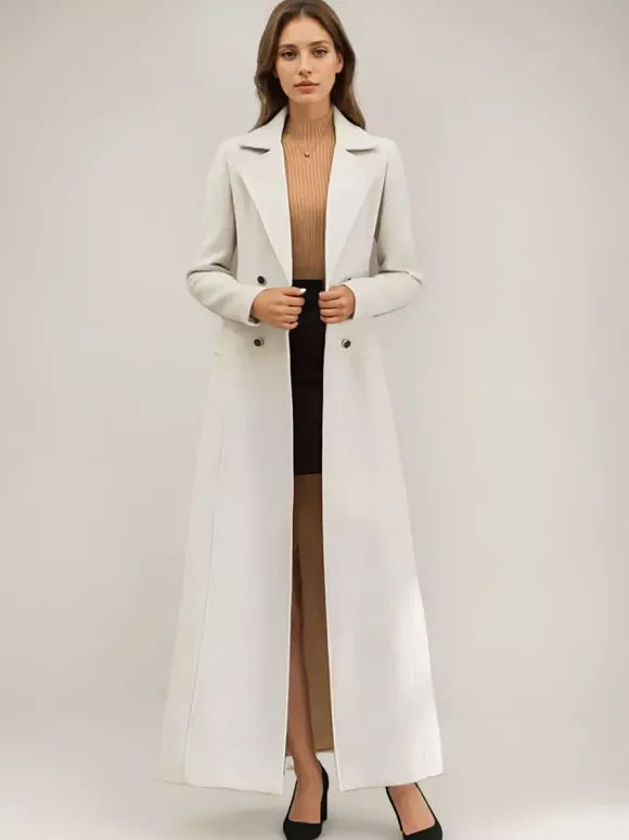Manteau long en laine blanc à revers crantés croisé ceinturé vêtements d'extérieur d'hiver pleine longueur pour femmes 2026