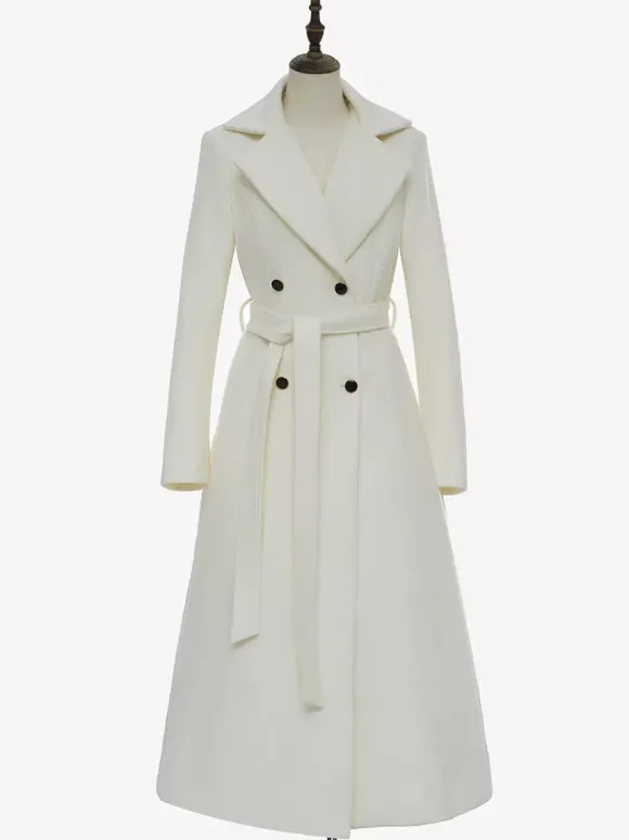 Manteau long en laine blanc à revers crantés croisé ceinturé vêtements d'extérieur d'hiver pleine longueur pour femmes 2026