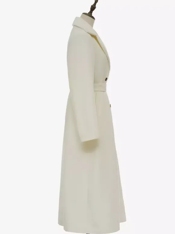 Manteau long en laine blanc à revers crantés croisé ceinturé vêtements d'extérieur d'hiver pleine longueur pour femmes 2026