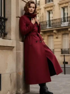Manteau long en laine ceinturé à double boutonnage et col montant pour femme 2026