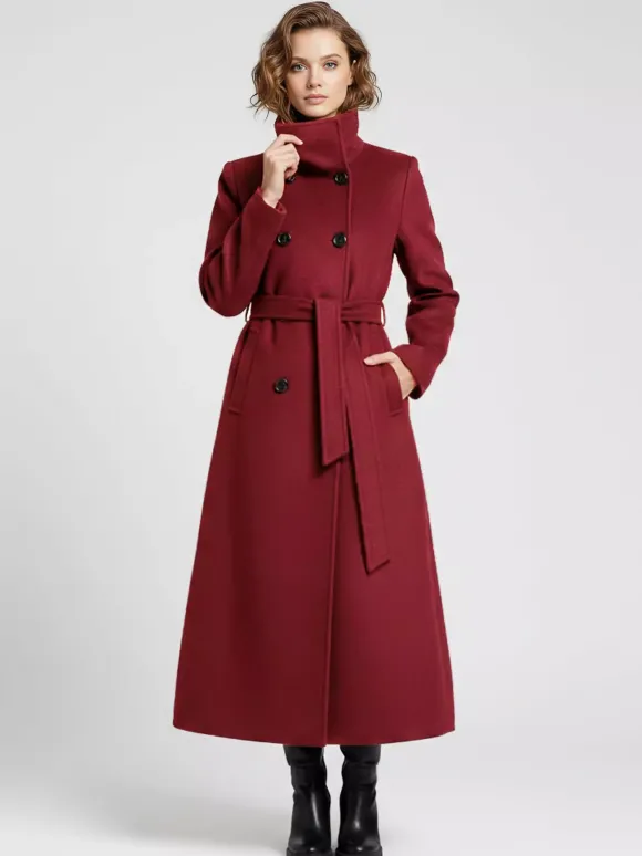 Manteau long en laine ceinturé à double boutonnage et col montant pour femme 2026