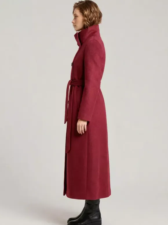 Manteau long en laine ceinturé à double boutonnage et col montant pour femme 2026