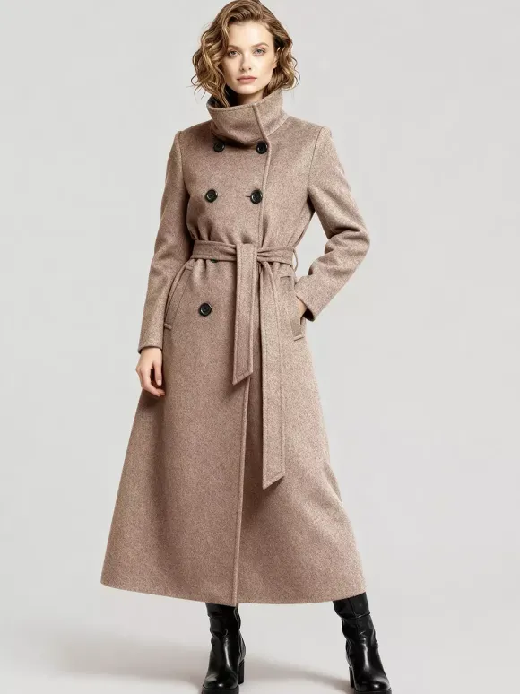 Manteau long en laine ceinturé à double boutonnage et col montant pour femme 2026