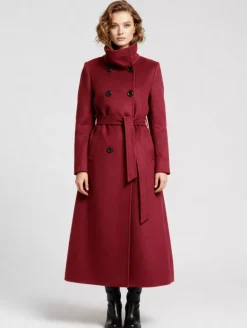Manteau long en laine ceinturé à double boutonnage et col montant pour femme 2026