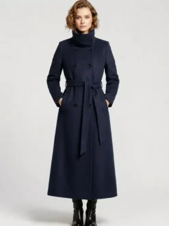 Manteau long en laine ceinturé à double boutonnage et col montant pour femme 2026