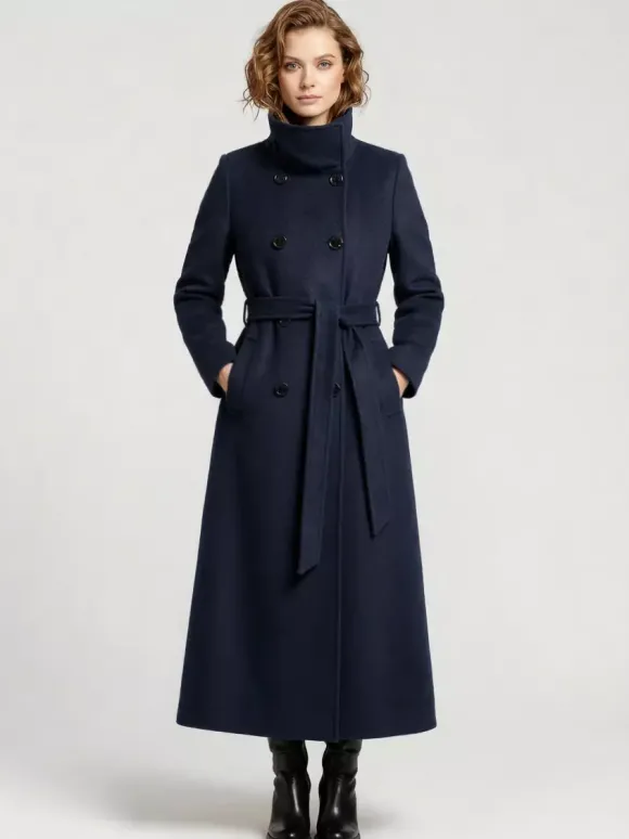 Manteau long en laine ceinturé à double boutonnage et col montant pour femme 2026