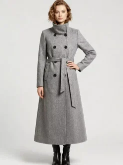 Manteau long en laine ceinturé à double boutonnage et col montant pour femme 2026