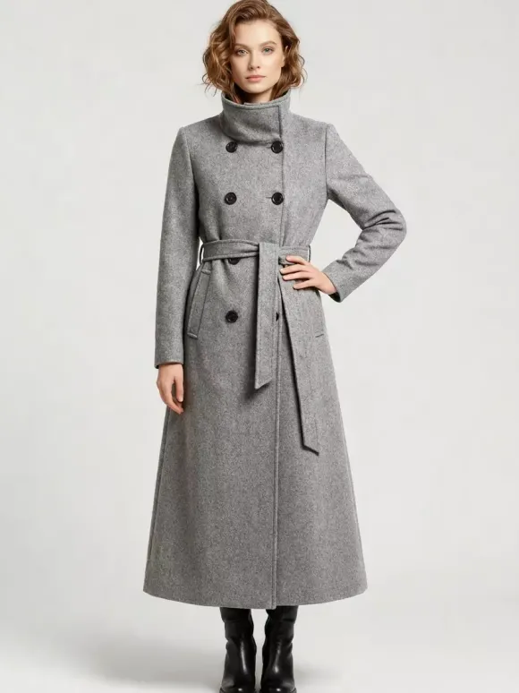 Manteau long en laine ceinturé à double boutonnage et col montant pour femme 2026