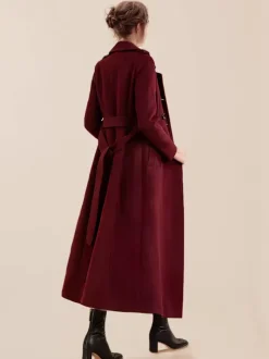 Manteau long en laine mélangée pour femme bordeaux à double boutonnage avec ceinture et col rabattu vêtement d'extérieur classique d'hiver 2026