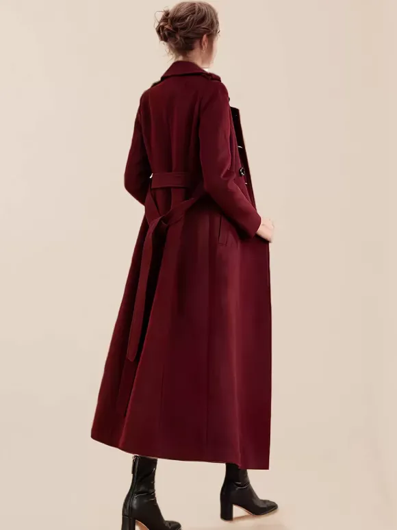 Manteau long en laine mélangée pour femme bordeaux à double boutonnage avec ceinture et col rabattu vêtement d'extérieur classique d'hiver 2026