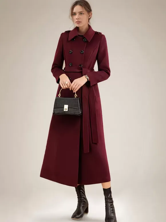 Manteau long en laine mélangée pour femme bordeaux à double boutonnage avec ceinture et col rabattu vêtement d'extérieur classique d'hiver 2026