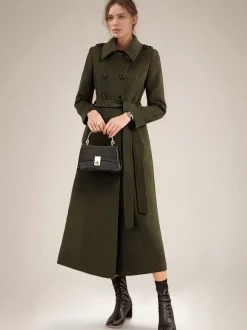 Manteau long en laine mélangée pour femme bordeaux à double boutonnage avec ceinture et col rabattu vêtement d'extérieur classique d'hiver 2026