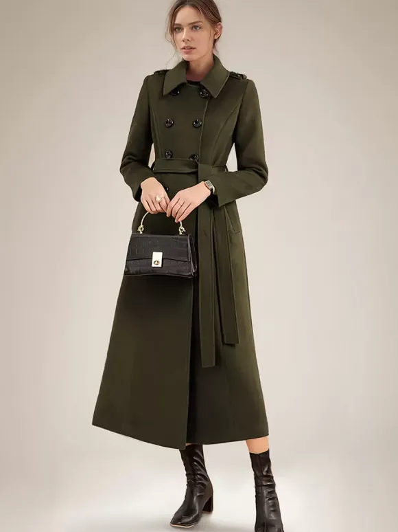 Manteau long en laine mélangée pour femme bordeaux à double boutonnage avec ceinture et col rabattu vêtement d'extérieur classique d'hiver 2026