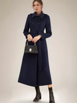 Manteau long en laine mélangée pour femme bordeaux à double boutonnage avec ceinture et col rabattu vêtement d'extérieur classique d'hiver 2026