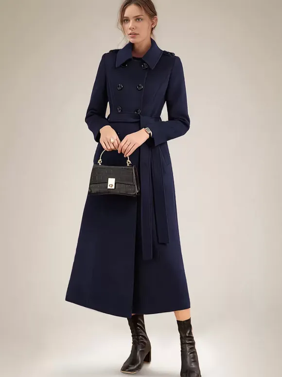 Manteau long en laine mélangée pour femme bordeaux à double boutonnage avec ceinture et col rabattu vêtement d'extérieur classique d'hiver 2026