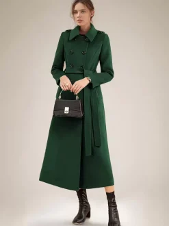 Manteau long en laine mélangée pour femme bordeaux à double boutonnage avec ceinture et col rabattu vêtement d'extérieur classique d'hiver 2026