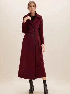Manteau long en laine mélangée pour femme bordeaux à double boutonnage avec ceinture et col rabattu vêtement d'extérieur classique d'hiver 2026