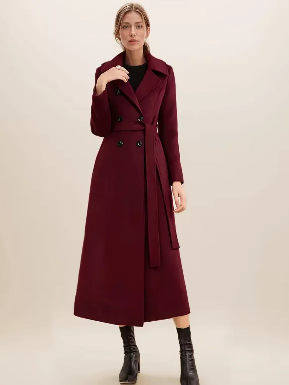 Manteau long en laine mélangée pour femme bordeaux à double boutonnage avec ceinture et col rabattu vêtement d'extérieur classique d'hiver 2026