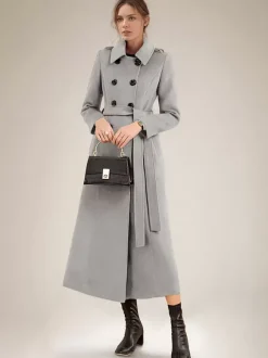Manteau long en laine mélangée pour femme bordeaux à double boutonnage avec ceinture et col rabattu vêtement d'extérieur classique d'hiver 2026
