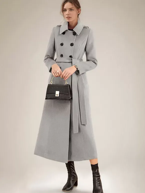 Manteau long en laine mélangée pour femme bordeaux à double boutonnage avec ceinture et col rabattu vêtement d'extérieur classique d'hiver 2026