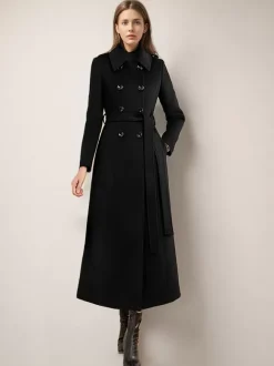 Manteau long en laine mélangée pour femme bordeaux à double boutonnage avec ceinture et col rabattu vêtement d'extérieur classique d'hiver 2026