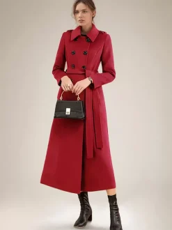 Manteau long en laine mélangée pour femme bordeaux à double boutonnage avec ceinture et col rabattu vêtement d'extérieur classique d'hiver 2026
