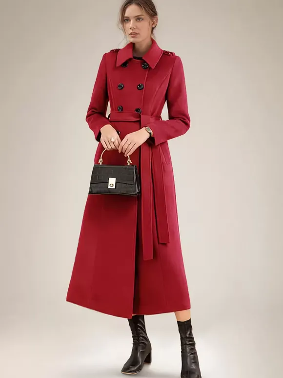 Manteau long en laine mélangée pour femme bordeaux à double boutonnage avec ceinture et col rabattu vêtement d'extérieur classique d'hiver 2026