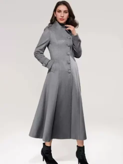 Manteau long en laine mélangée A-line évasé col montant élégant gris vintage vêtements d'extérieur d'hiver pour femmes 2026